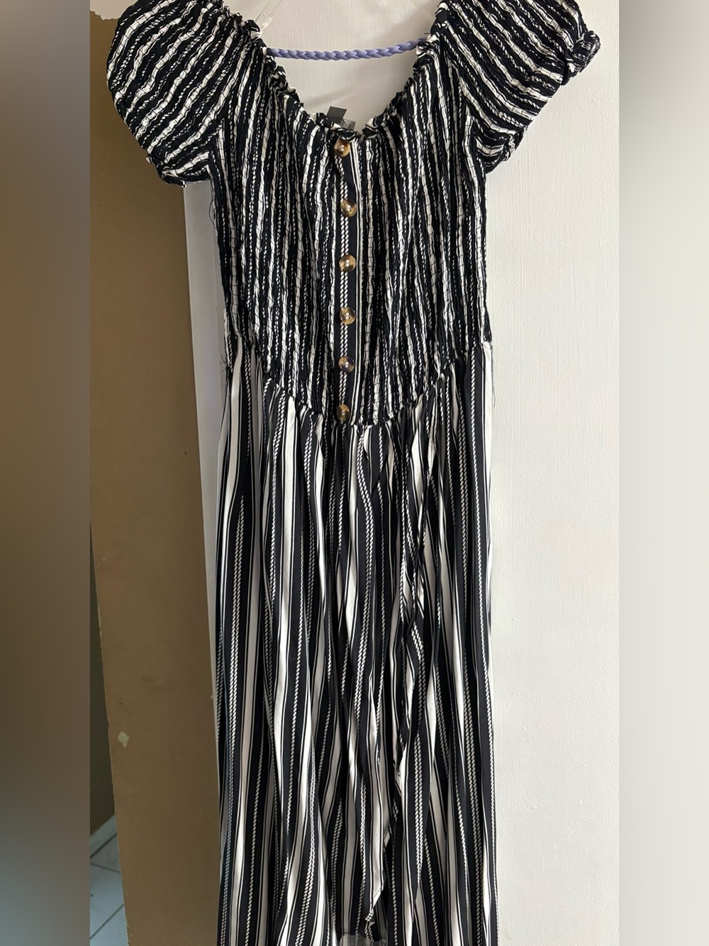 Justify Striped Smocked Maxi Dress XL Black White Puff Sleeve Boho